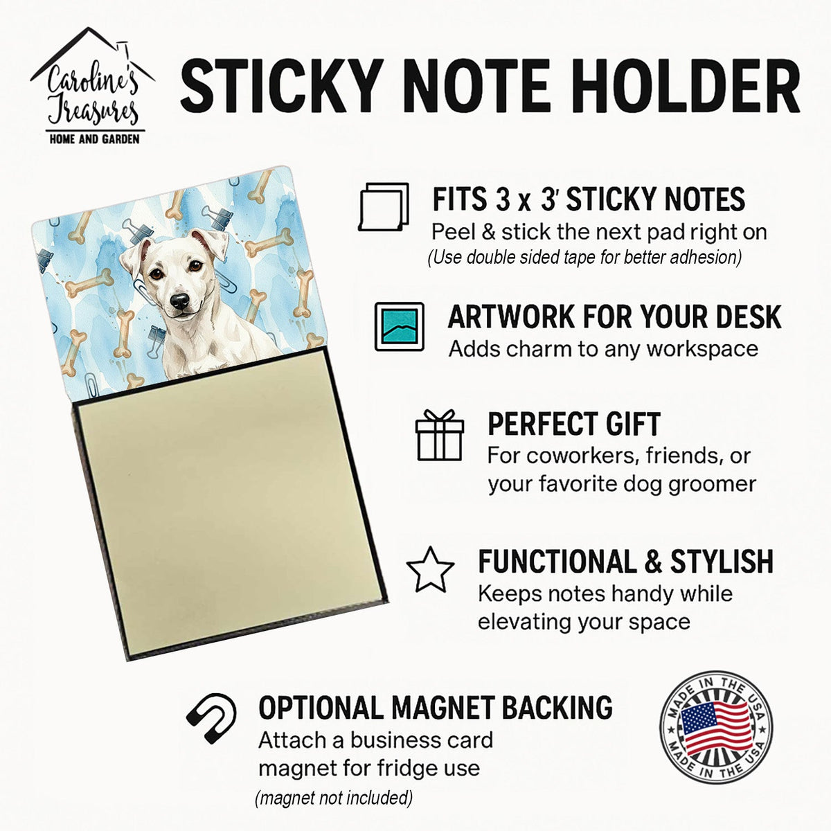 White Jack Russell Terrier Coworker Watercolor Sticky Note Holder Refillable Dispenser Desk Accessory 3x3 Pad Gift