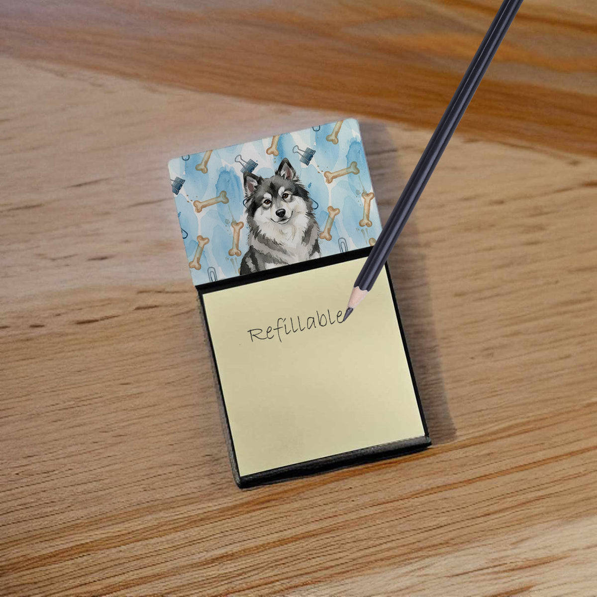 Keeshond Coworker Watercolor Sticky Note Holder Refillable Dispenser Desk Accessory 3x3 Pad Gift