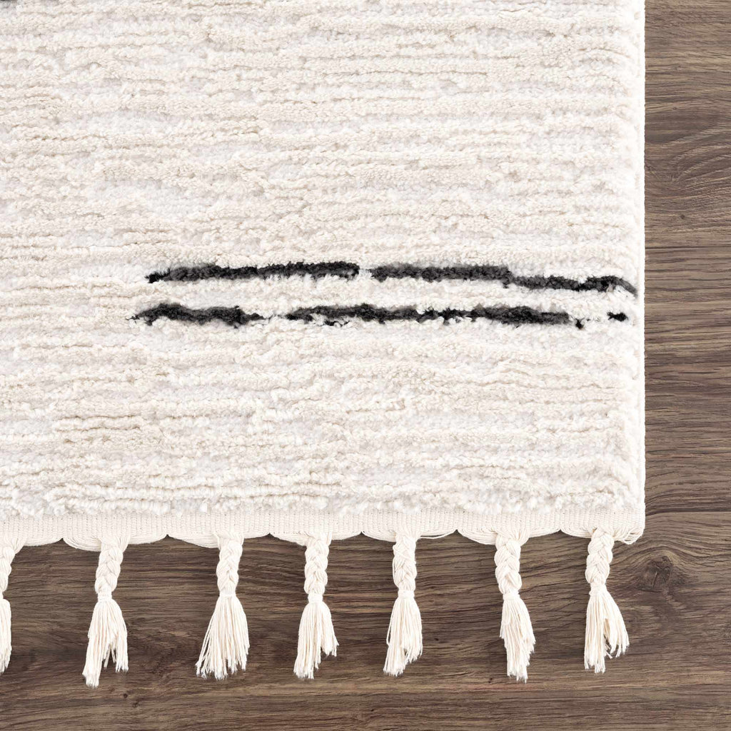 Riad Black Striped White Rug with Tassels
