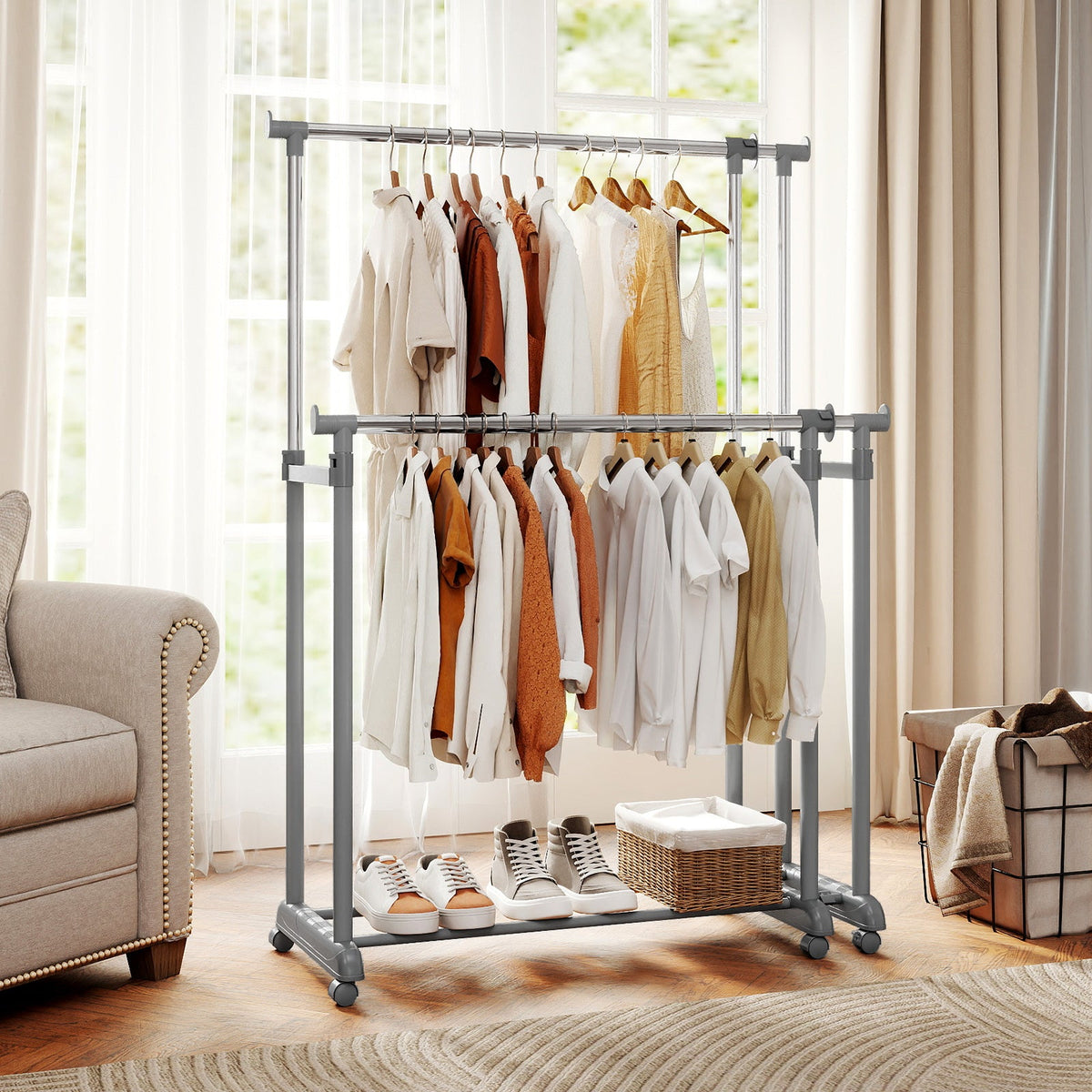 Double Rod Clothes Rack Heavy-Duty Metal Garment Rack