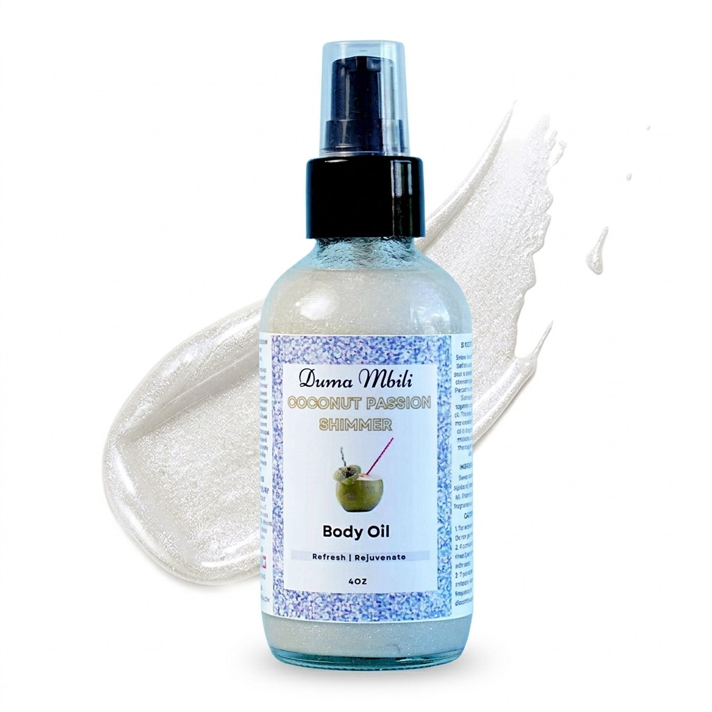 Duma Mbili Coconut Passion Shimmer Body Oil bottle with a pearly shimmer swatch.