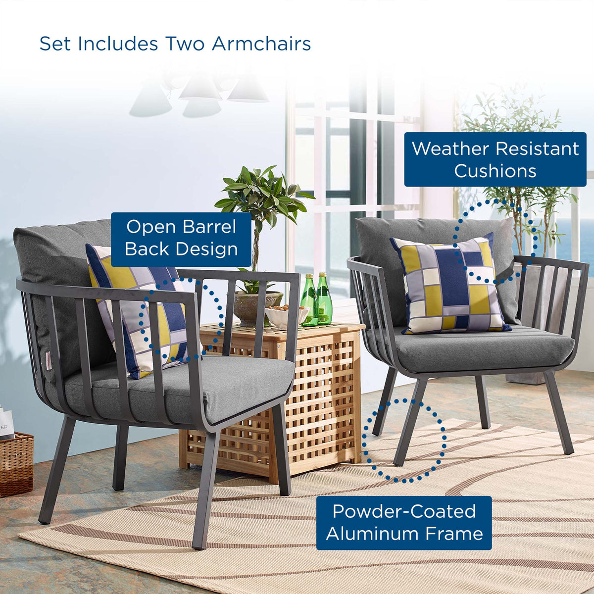 Riverside Outdoor Patio Aluminum Armchair Set of 2 by Modway