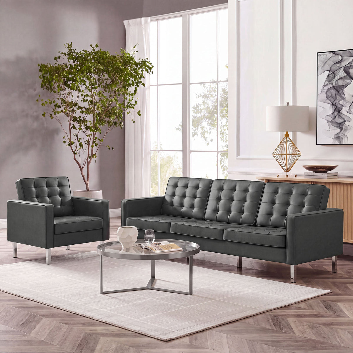 Loft Tufted Upholstered Faux Leather Sofa and Armchair Set by Modway