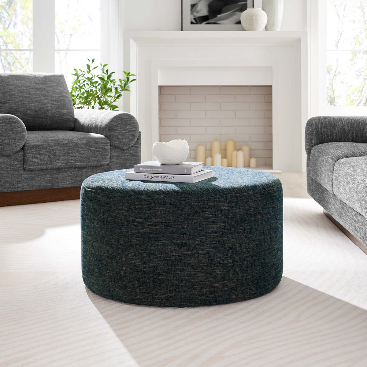 Callum Large 23" Round Woven Heathered Fabric Upholstered Ottoman by Modway