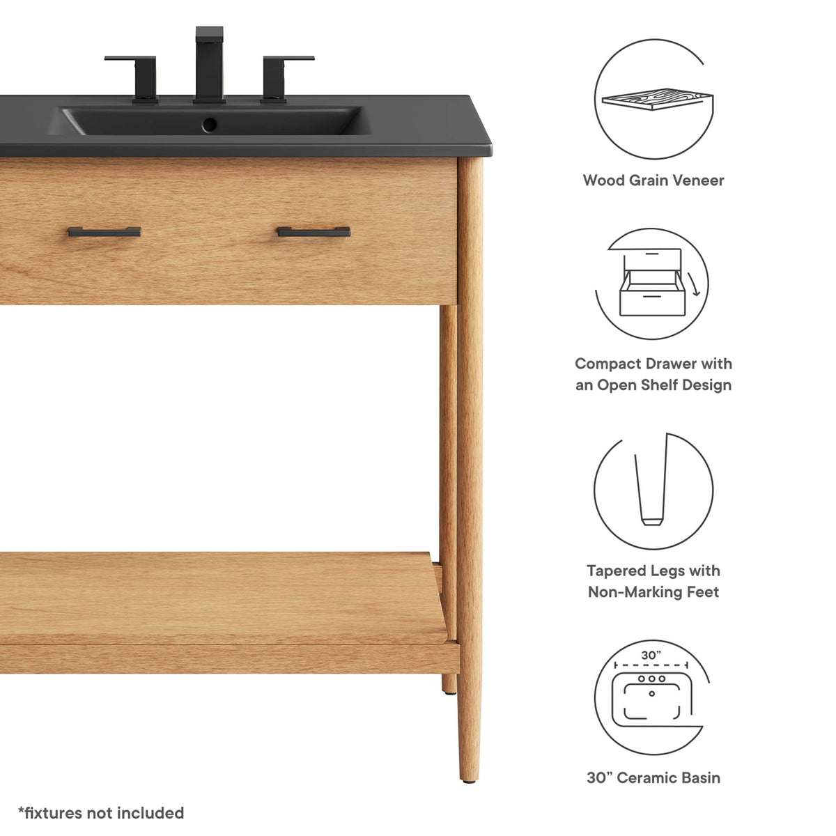 Zaire 30" Bathroom Vanity by Modway - Natural Black / Walnut Black