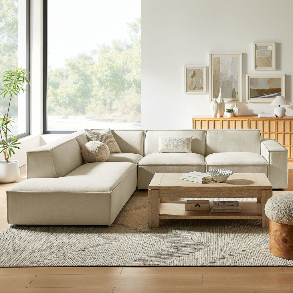Restore 4-Piece Performance Fabric Upholstered Modular L-Shaped Sofa by Modway - Ecru / Foliage / Mocha / Pewter / Sky (EEI-7431)