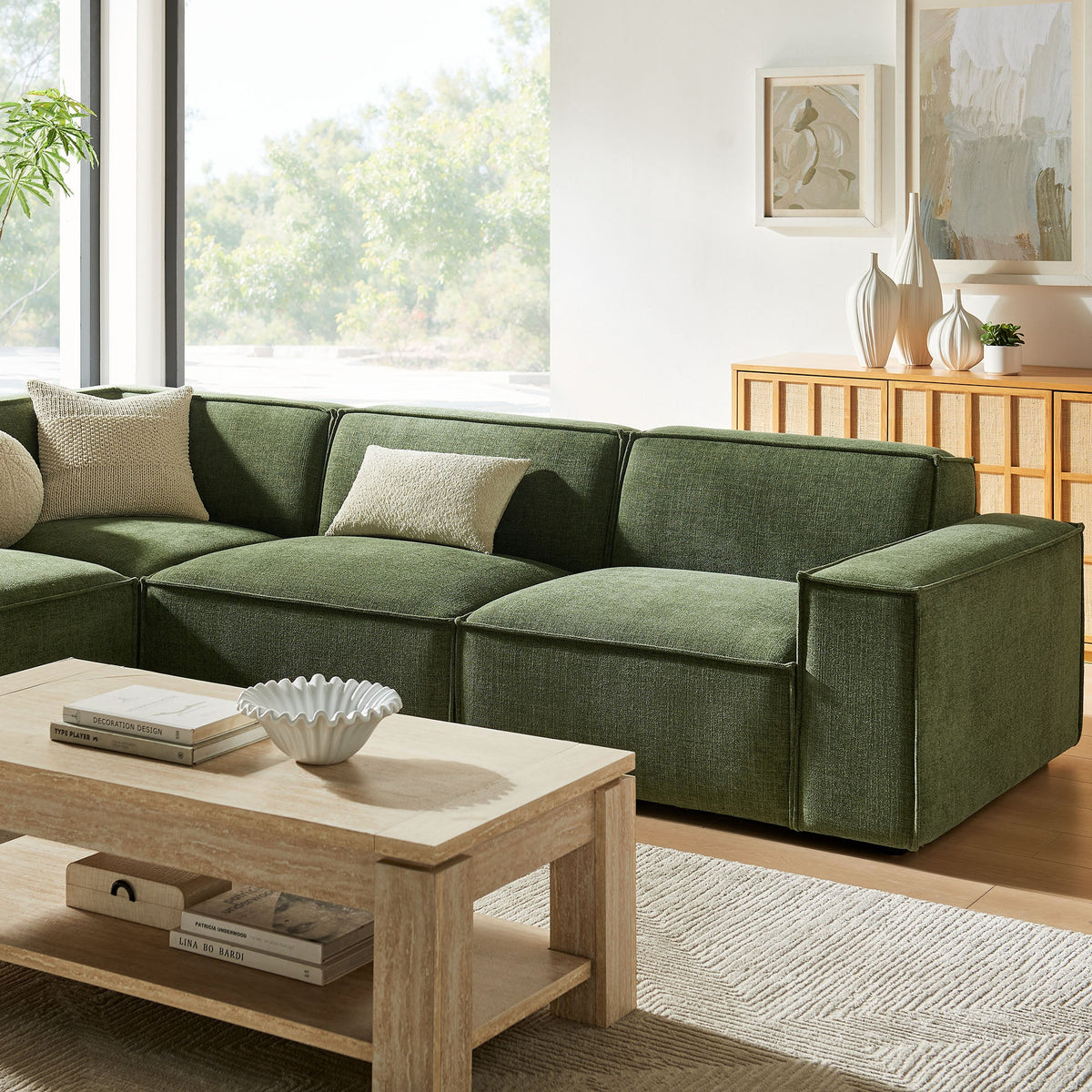 Restore 4-Piece Performance Fabric Upholstered Modular L-Shaped Sofa by Modway - Ecru / Foliage / Mocha / Pewter / Sky (EEI-7431)