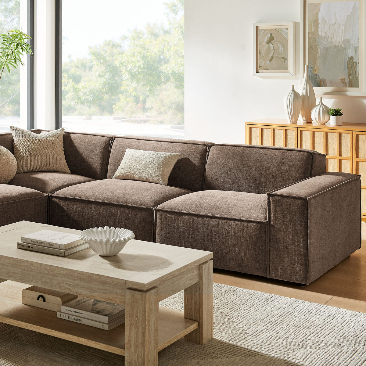 Restore 4-Piece Performance Fabric Upholstered Modular L-Shaped Sofa by Modway - Ecru / Foliage / Mocha / Pewter / Sky (EEI-7431)