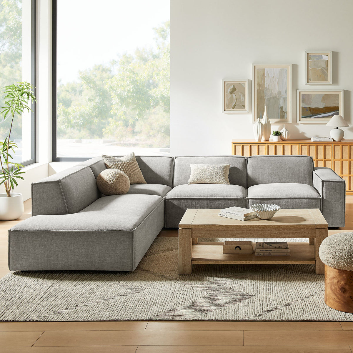 Restore 4-Piece Performance Fabric Upholstered Modular L-Shaped Sofa by Modway - Ecru / Foliage / Mocha / Pewter / Sky (EEI-7431)