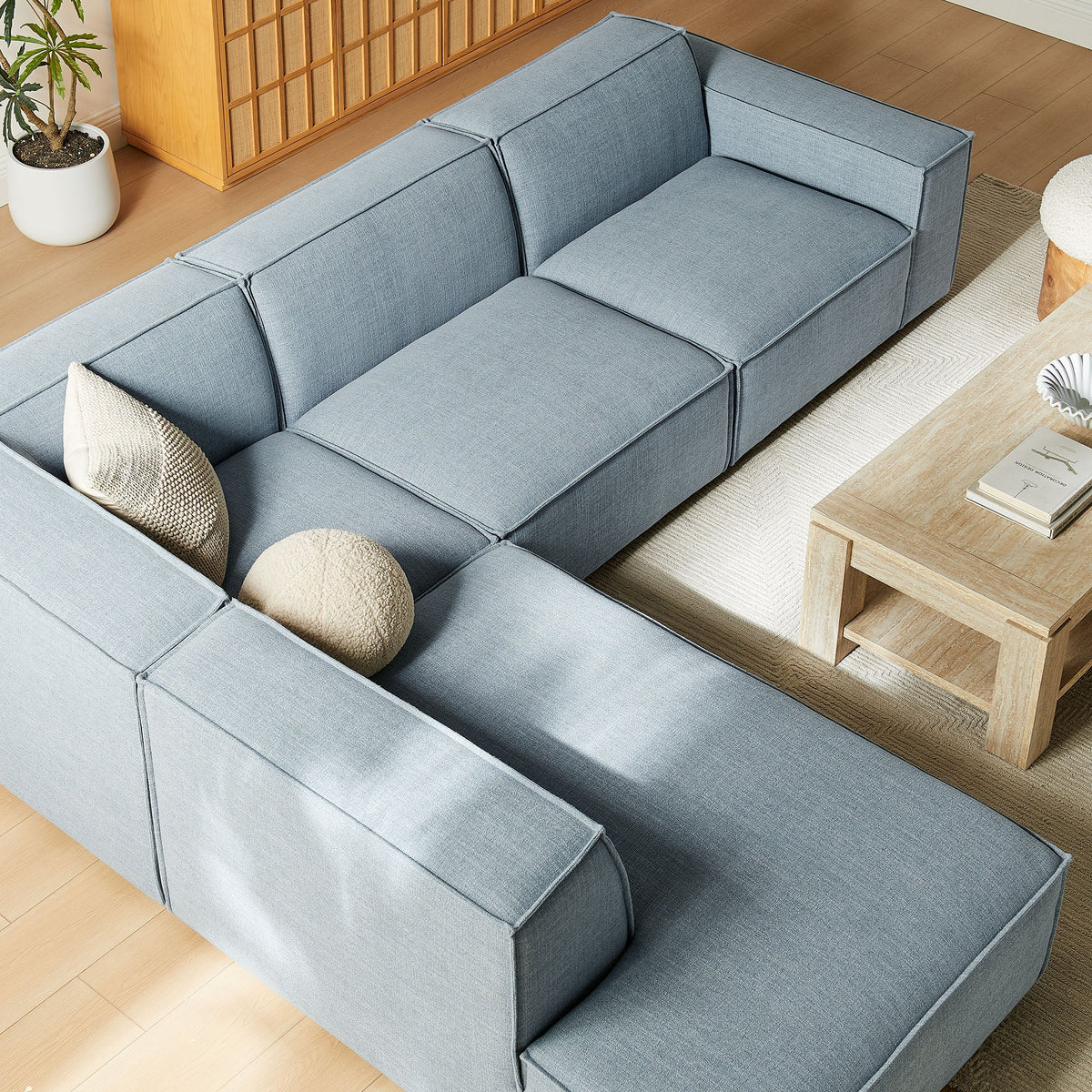 Restore 4-Piece Performance Fabric Upholstered Modular L-Shaped Sofa by Modway - Ecru / Foliage / Mocha / Pewter / Sky (EEI-7431)