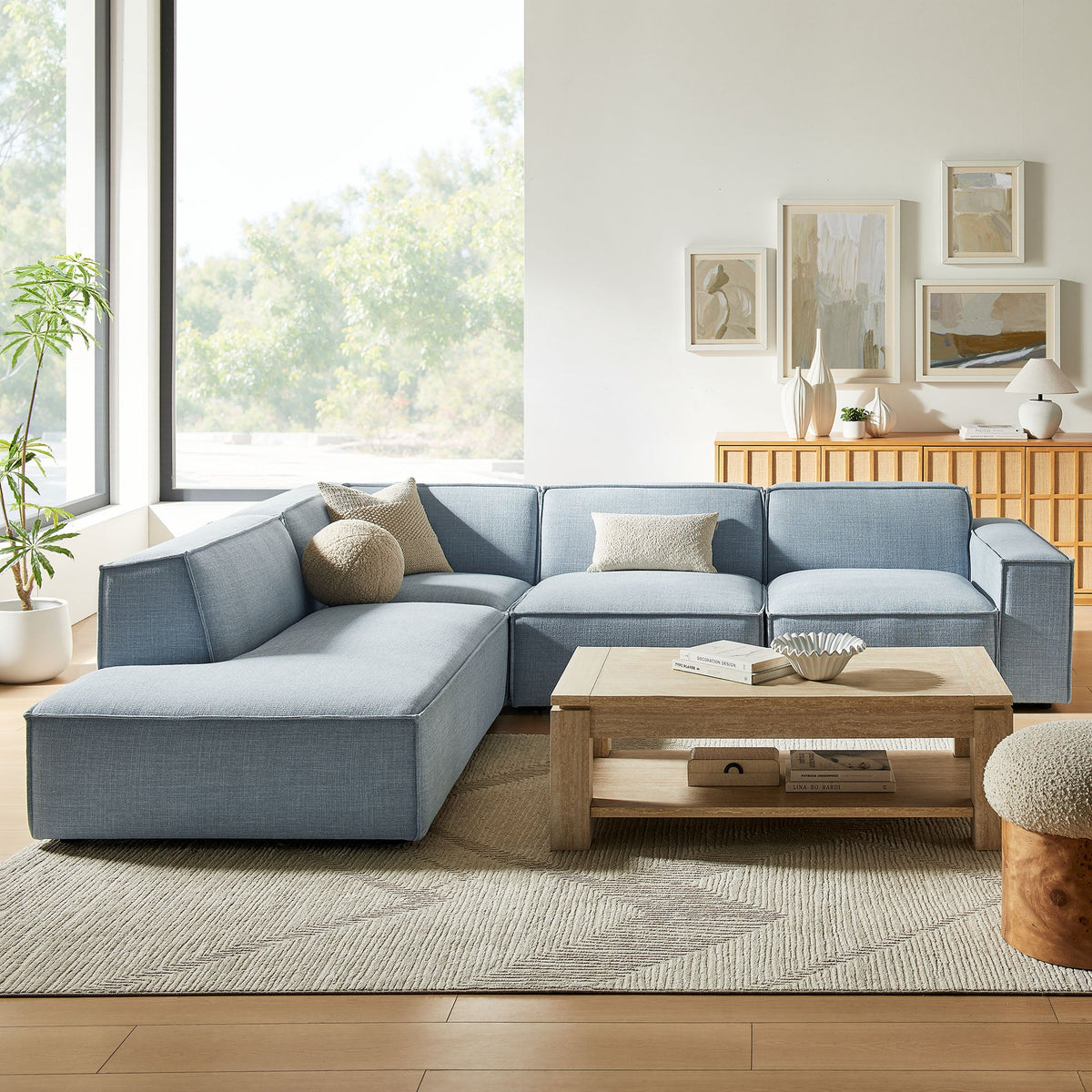 Restore 4-Piece Performance Fabric Upholstered Modular L-Shaped Sofa by Modway - Ecru / Foliage / Mocha / Pewter / Sky (EEI-7431)