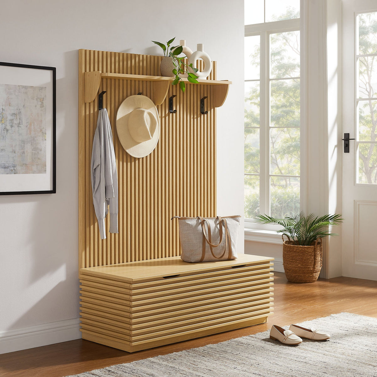 Render Fluted 3-in-1 Hall Tree With Storage Bench and Coat Rack by Modway