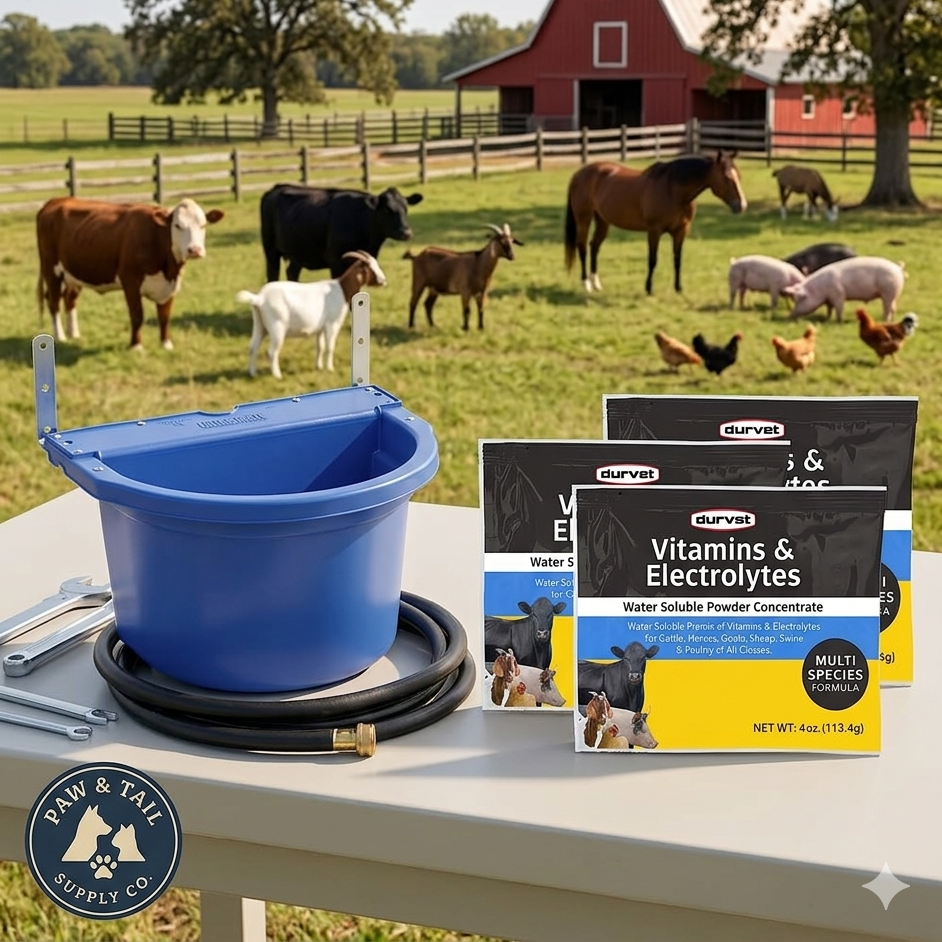 Little Giant 4Gal Waterer + Durvet Vitamins & Electrolytes 4oz 3PCK Livestock Bundle