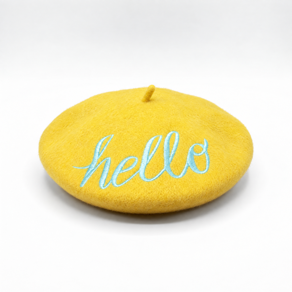 Hello Embroidered Beret in Yellow