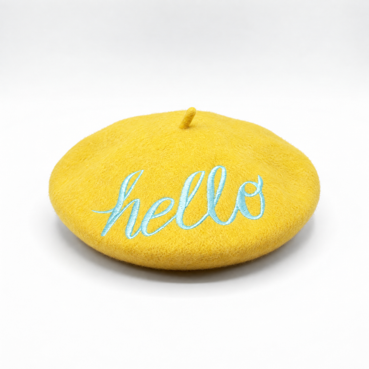 Hello Embroidered Beret in Yellow