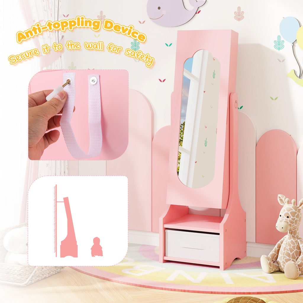 Freestanding Kids Jewelry Armoire Cabinet with Storage and 2 Tilt Angles-Pink