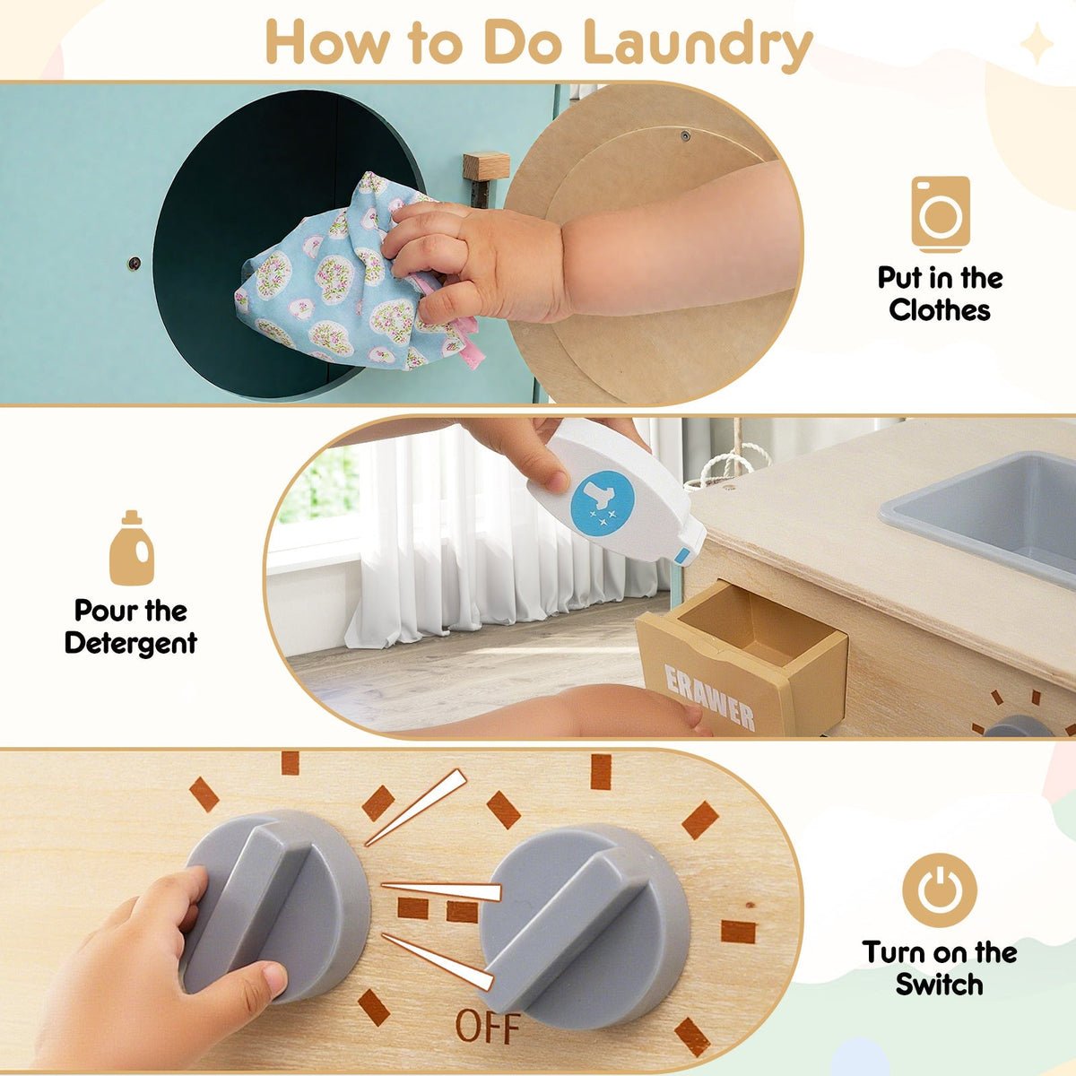 Kids Washer Playset Toy Washing Machine with Laundry Detergent-Blue