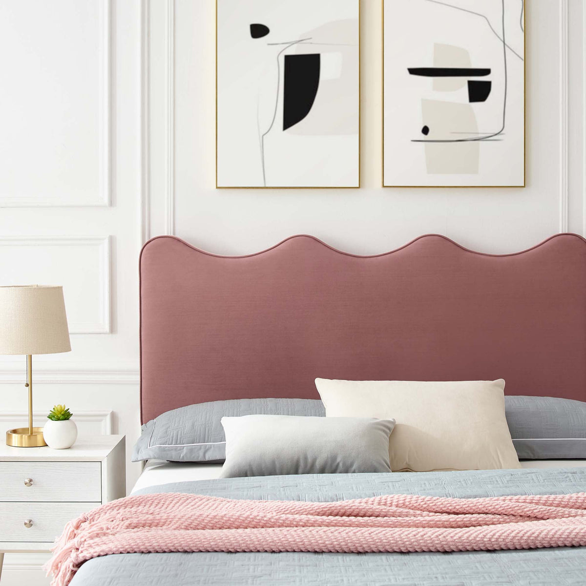 Current Performance Velvet Queen Platform Bed by Modway - Dusty Rose / Pink / White