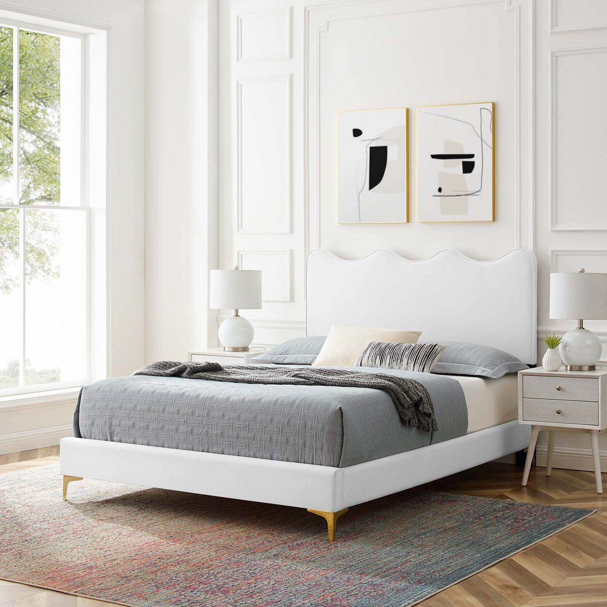 Current Performance Velvet Queen Platform Bed by Modway - Dusty Rose / Pink / White