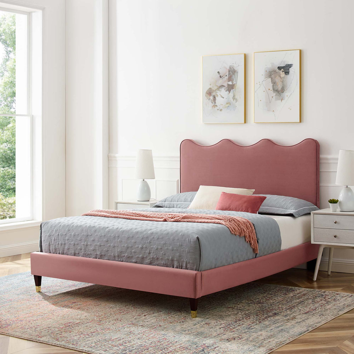 Current Performance Velvet Queen Platform Bed by Modway - Dusty Rose / White