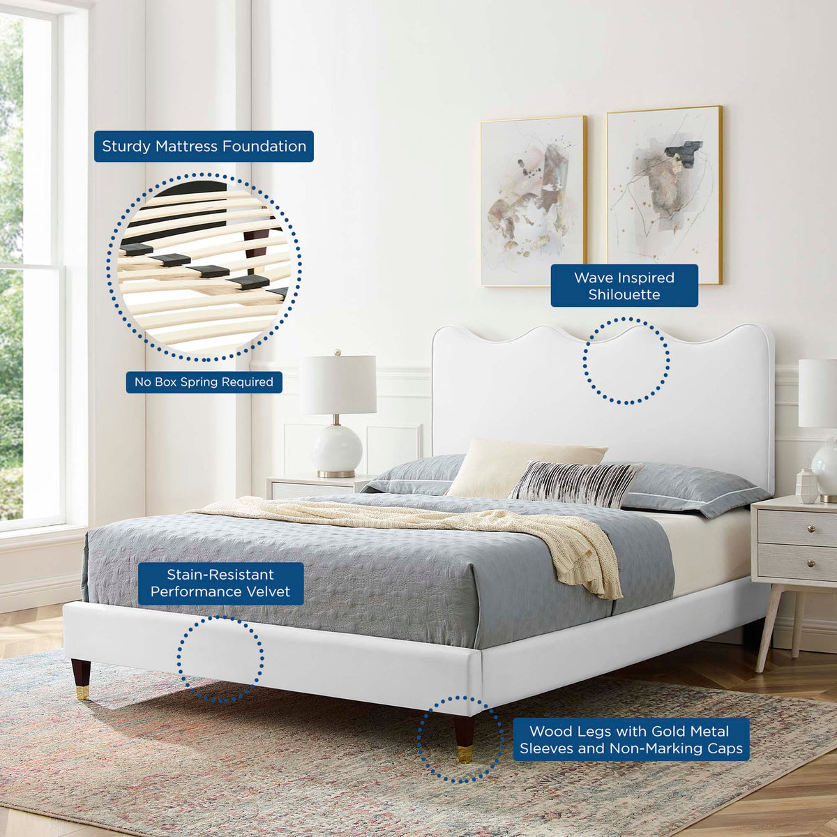Current Performance Velvet Queen Platform Bed by Modway - Dusty Rose / White