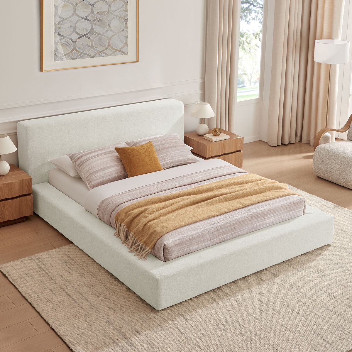 Luma Chenille Upholstered King Platform Bed Frame by Modway - Ivory Fabric / Light Gray Fabric