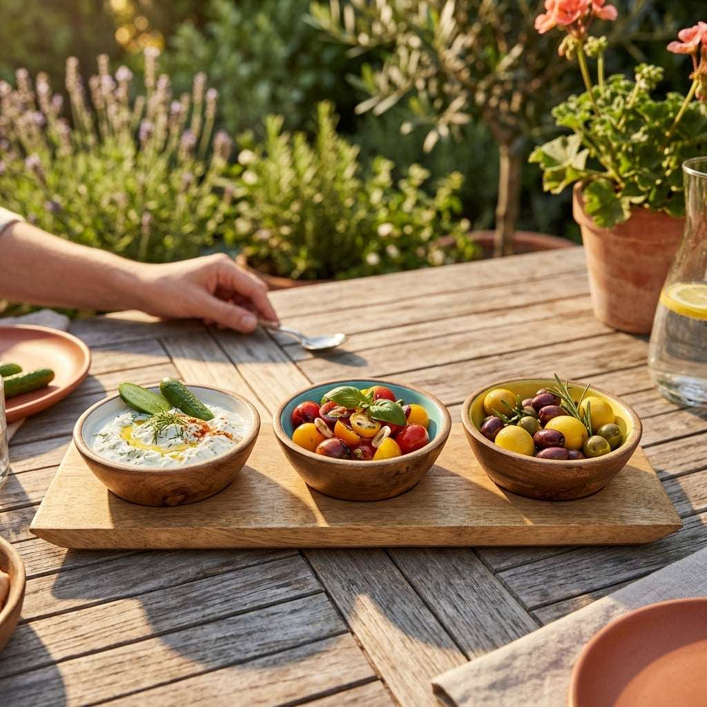 Mango Wood Condiment Set with Enamel Bowls