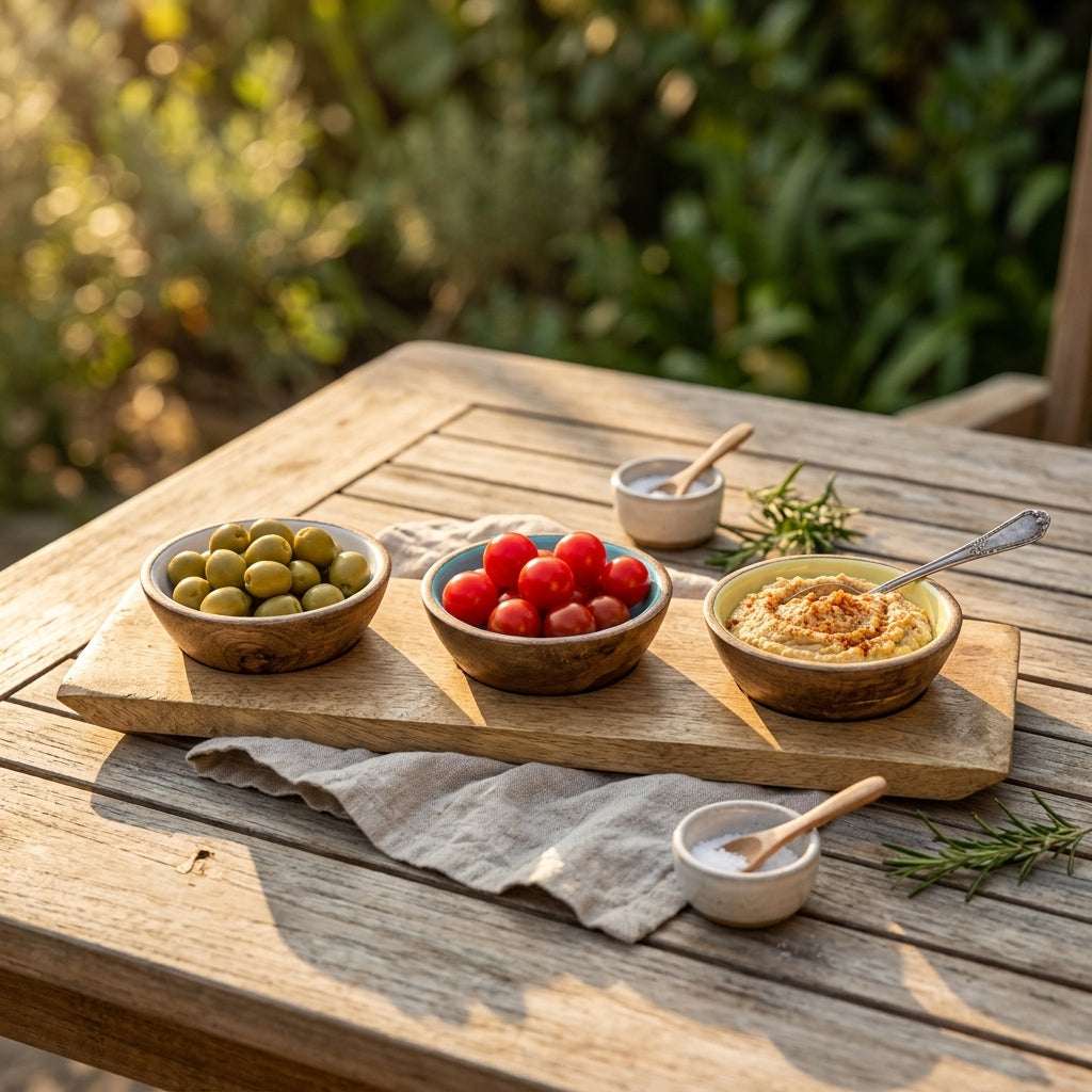 Mango Wood Condiment Set with Enamel Bowls