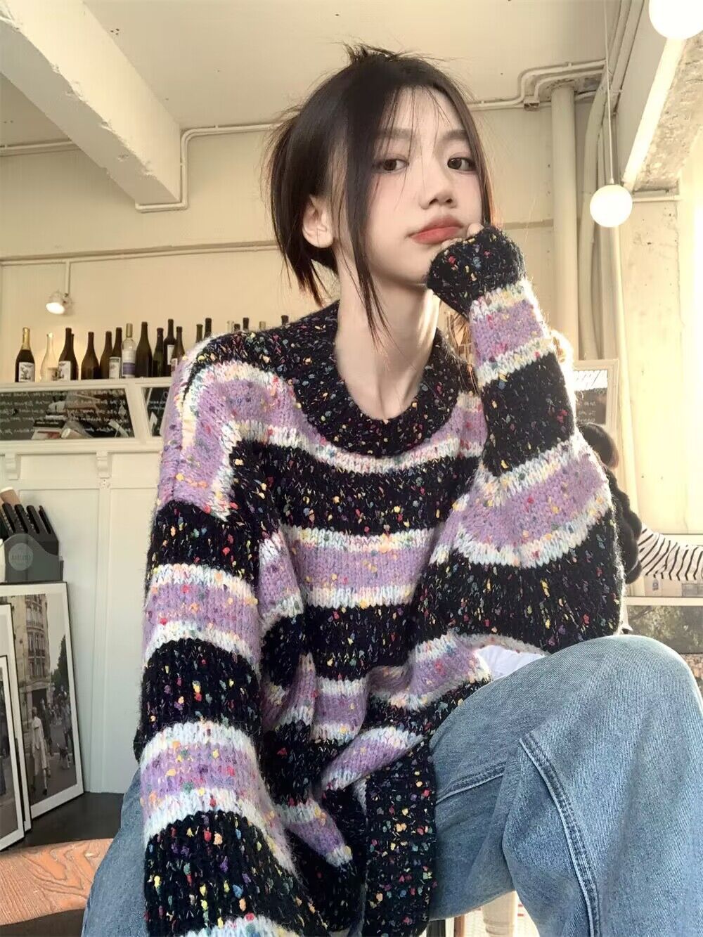 Retro Striped Round Neck Sweater