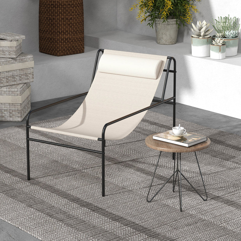 Patio Sling Lounge Chair with Removable Headrest Pillow and Metal Frame-Beige