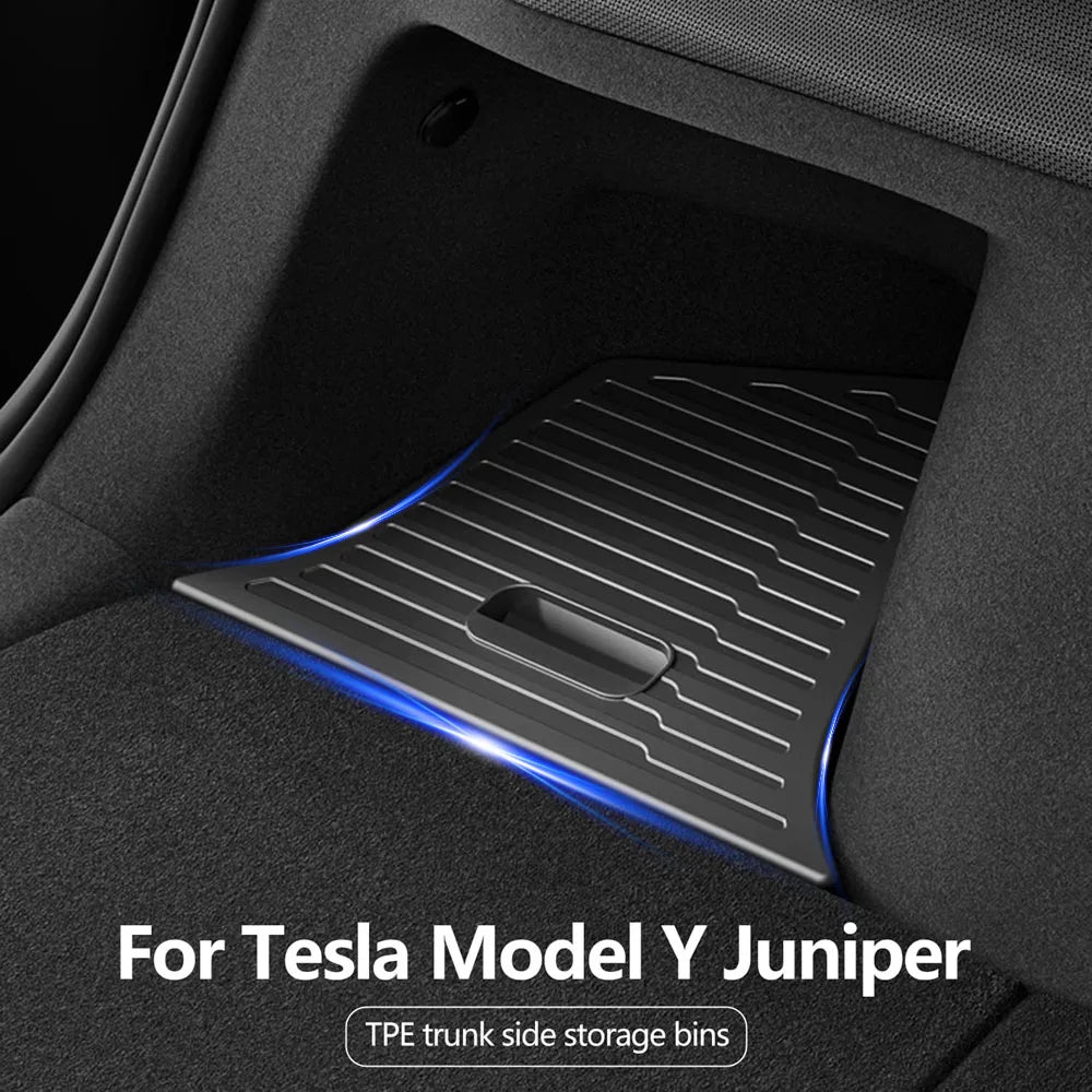Tesla Model Y Juniper 2025 Trunk Side Storage Box – Flocked TPE Boot Organizer & Anti-Dirty Mat (7 Kit Options)