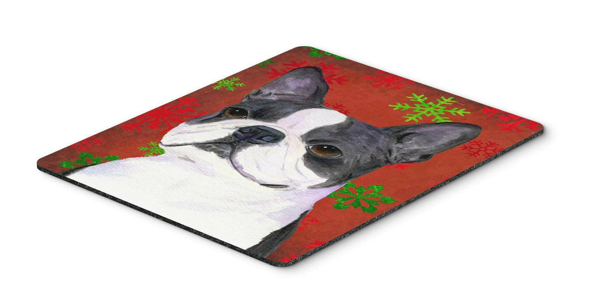 Boston Terrier Red Green Snowflakes Christmas Mouse Pad, Heat Resistant Trivet Hot Pad , Non Slip Rubber Desk Mat, Kitchen Counter Protector, Home Office Decor Gift