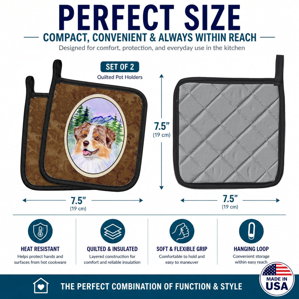 Australian Shepherd Pot Holder Set of 2 Heat Resistant Quilted Hot Pads 7.5 x 7.5 Inch, Insulated Kitchen Trivets for Cooking & Baking