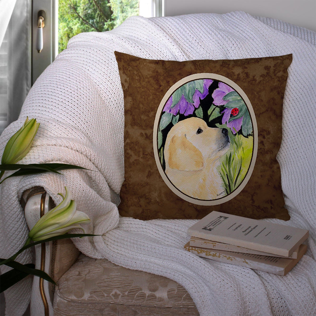 Golden Retriever Decorative Throw Pillow 14x14 Indoor Outdoor Accent Cushion, Fabric Cover with Insert for Sofa, Bed, Porch & Living Room