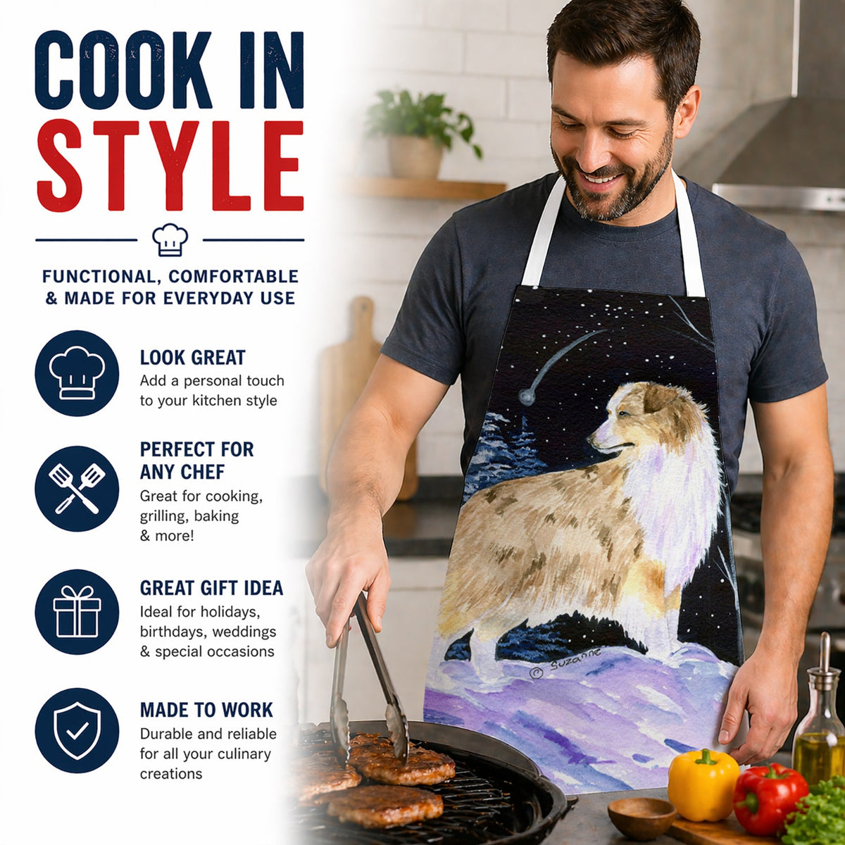 Starry Night Australian Shepherd Apron Cooking Kitchen Server Baking Crafts Gardening for Adult Women Men, Unisex, Large, Multicolor