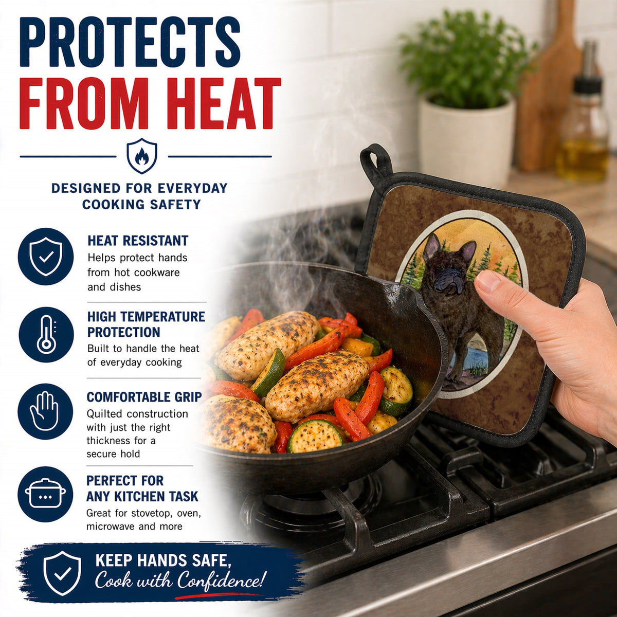 French Bulldog Pot Holder Set of 2 Heat Resistant Quilted Hot Pads 7.5 x 7.5 Inch, Insulated Kitchen Trivets for Cooking & Baking