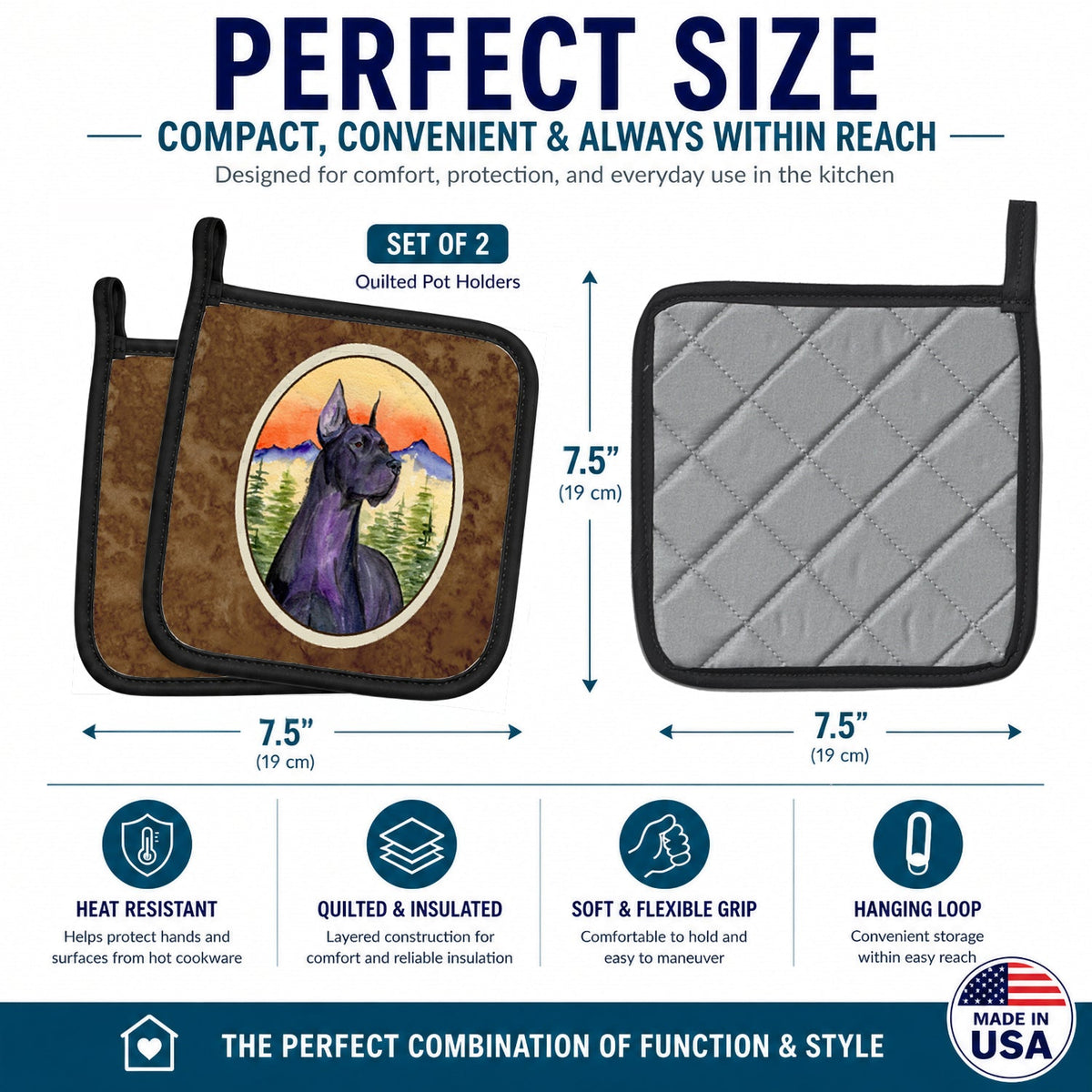 Great Dane Pot Holder Set of 2 Heat Resistant Quilted Hot Pads 7.5 x 7.5 Inch, Insulated Kitchen Trivets for Cooking & Baking