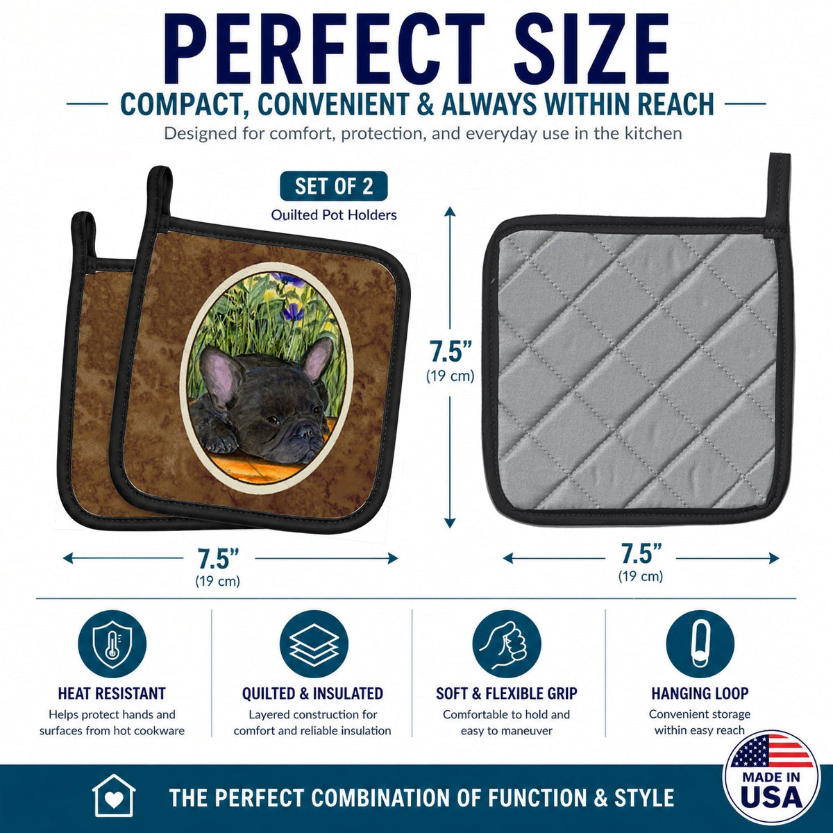 French Bulldog Pot Holder Set of 2 Heat Resistant Quilted Hot Pads 7.5 x 7.5 Inch, Insulated Kitchen Trivets for Cooking & Baking