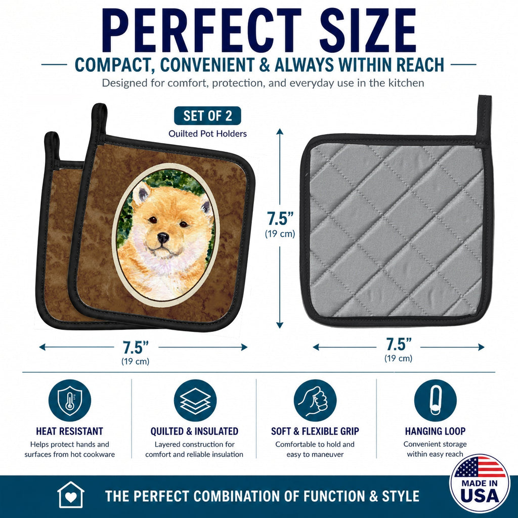 Shiba Inu Pot Holder Set of 2 Heat Resistant Quilted Hot Pads 7.5 x 7.5 Inch, Insulated Kitchen Trivets for Cooking & Baking