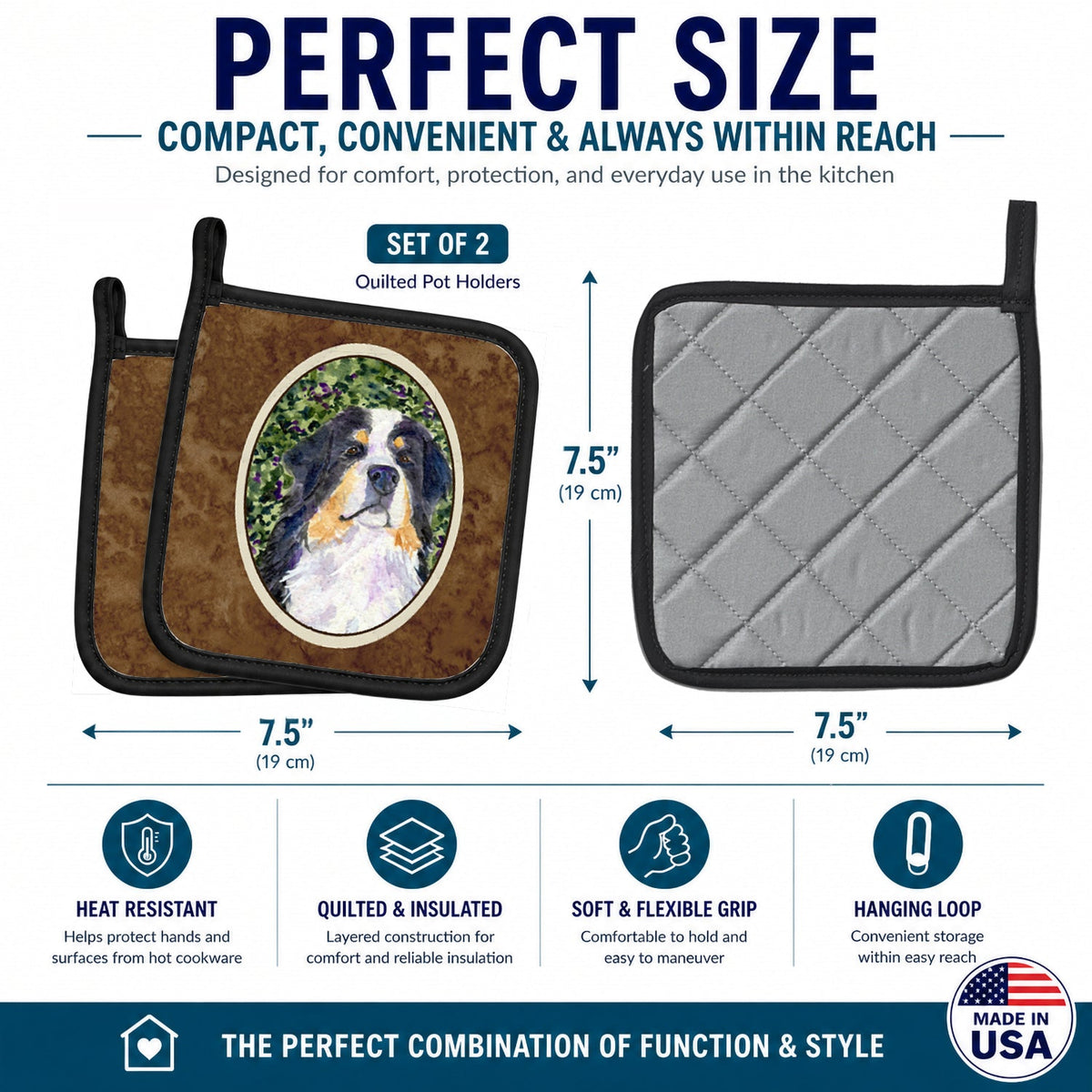Bernese Mountain Dog Pot Holder Set of 2 Heat Resistant Quilted Hot Pads 7.5 x 7.5 Inch, Insulated Kitchen Trivets for Cooking & Baking