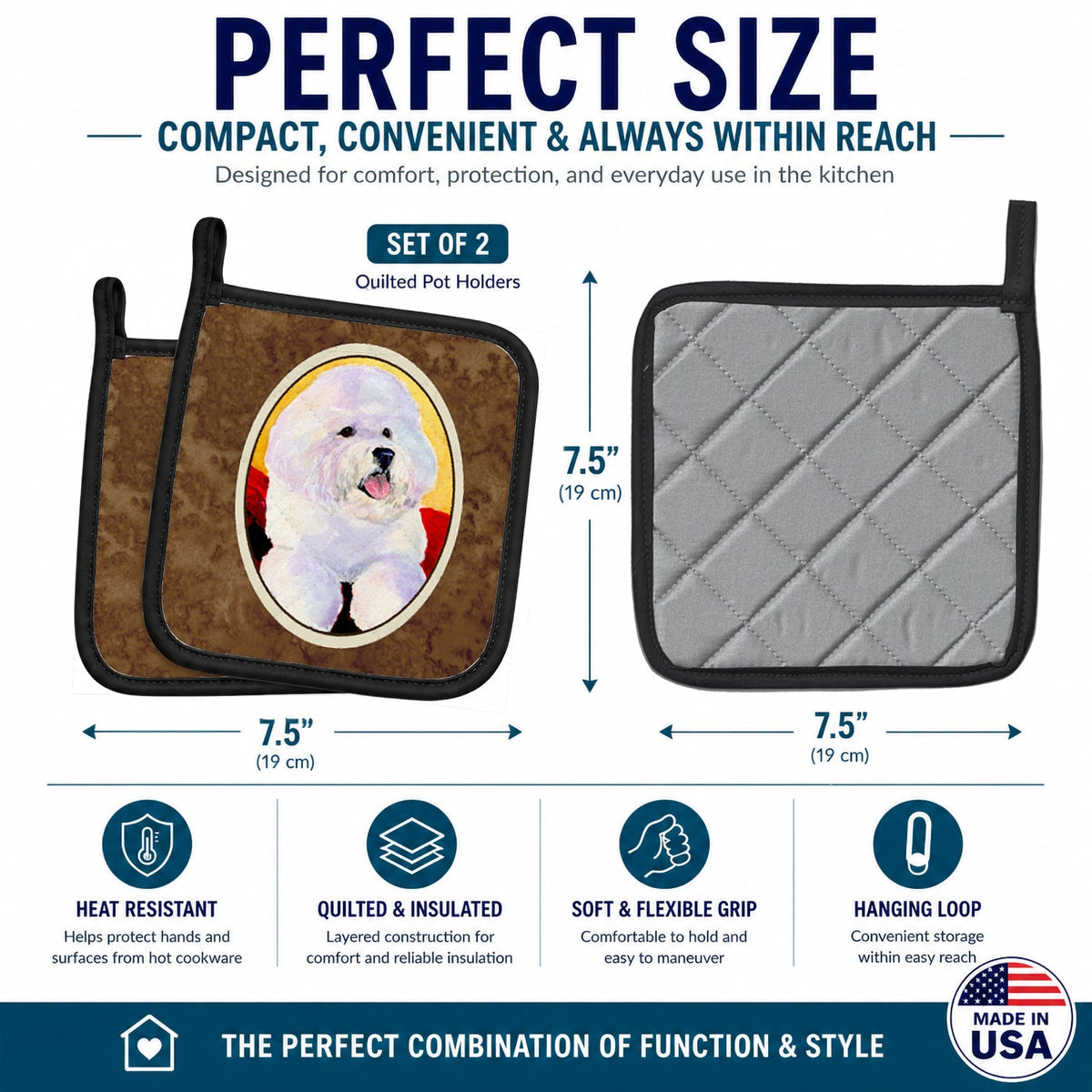 Bichon Frise Pot Holder Set of 2 Heat Resistant Quilted Hot Pads 7.5 x 7.5 Inch, Insulated Kitchen Trivets for Cooking & Baking