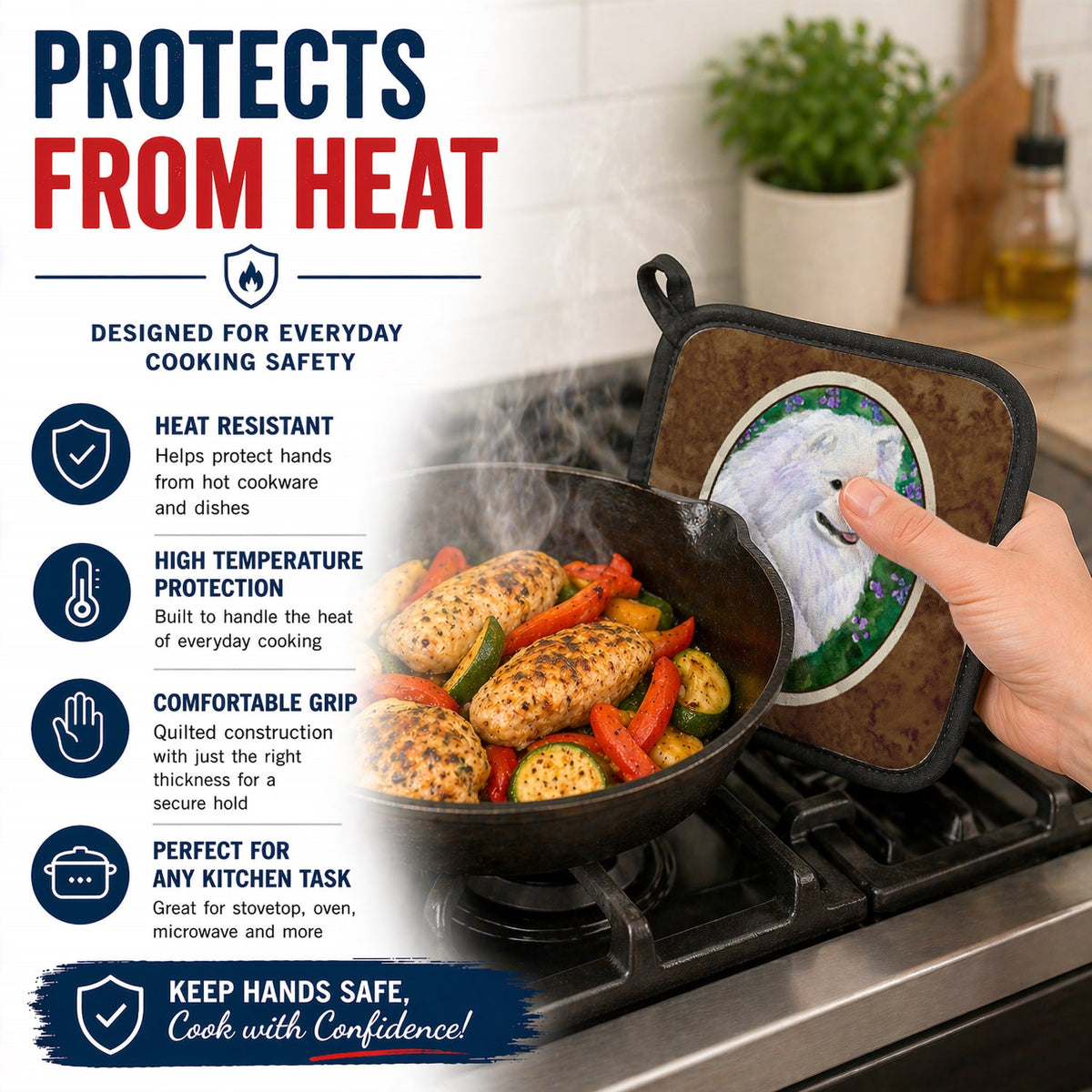 American Eskimo Pot Holder Set of 2 Heat Resistant Quilted Hot Pads 7.5 x 7.5 Inch, Insulated Kitchen Trivets for Cooking & Baking