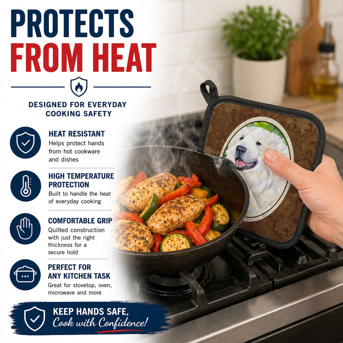 Great Pyrenees Pot Holder Set of 2 Heat Resistant Quilted Hot Pads 7.5 x 7.5 Inch, Insulated Kitchen Trivets for Cooking & Baking