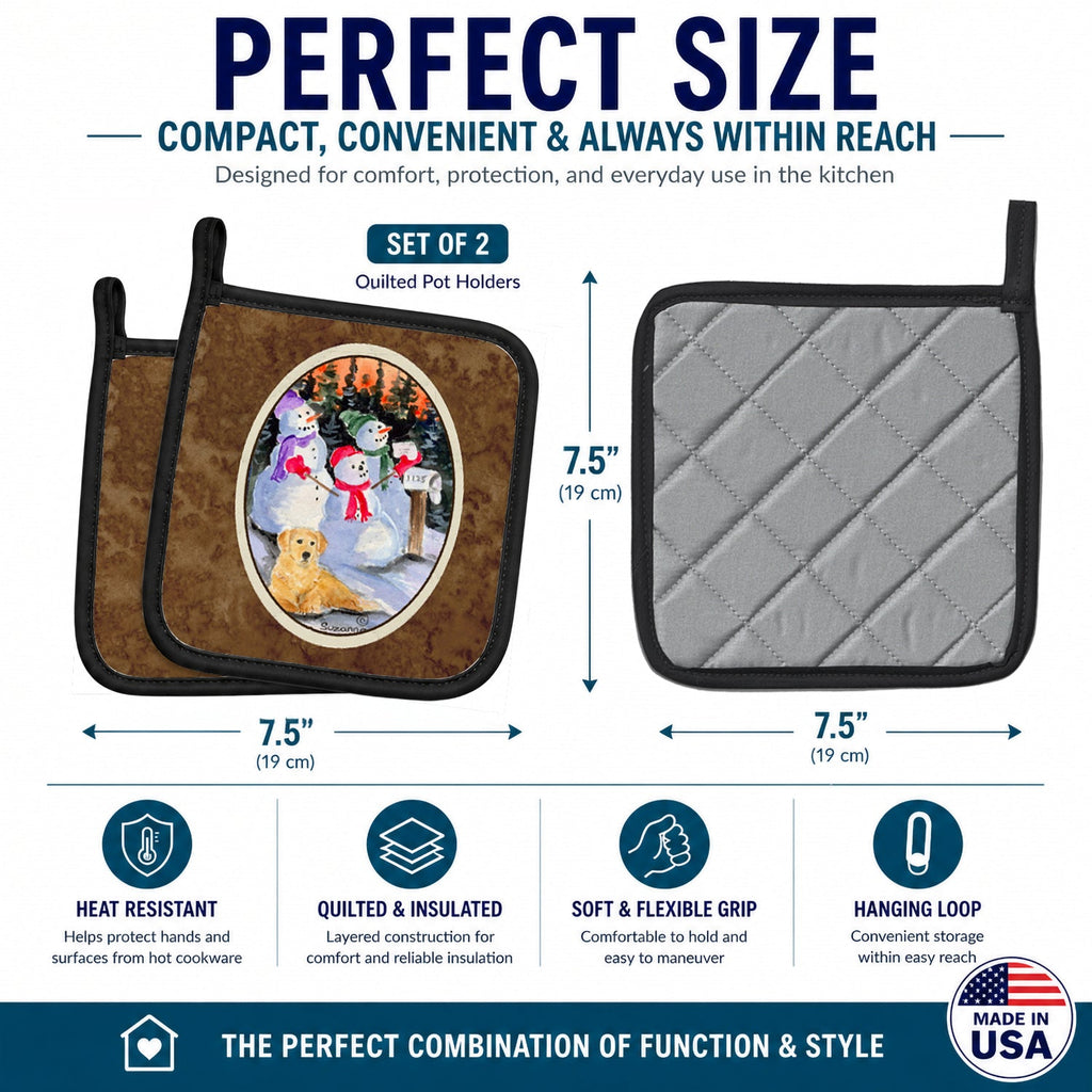 Snowman with Golden Retriever Pot Holder Set of 2 Heat Resistant Quilted Hot Pads 7.5 x 7.5 Inch, Insulated Kitchen Trivets for Cooking & Baking