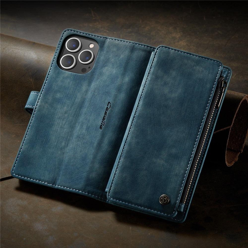 Vintage Card Holder Leather Wallet Case for iPhone 11 12 13 14 Pro Max Mini XR XS Max 8 7 6s Plus SE Storage Pocket Cover Flip Case PU Leather Protective Case With Magnetic Closure