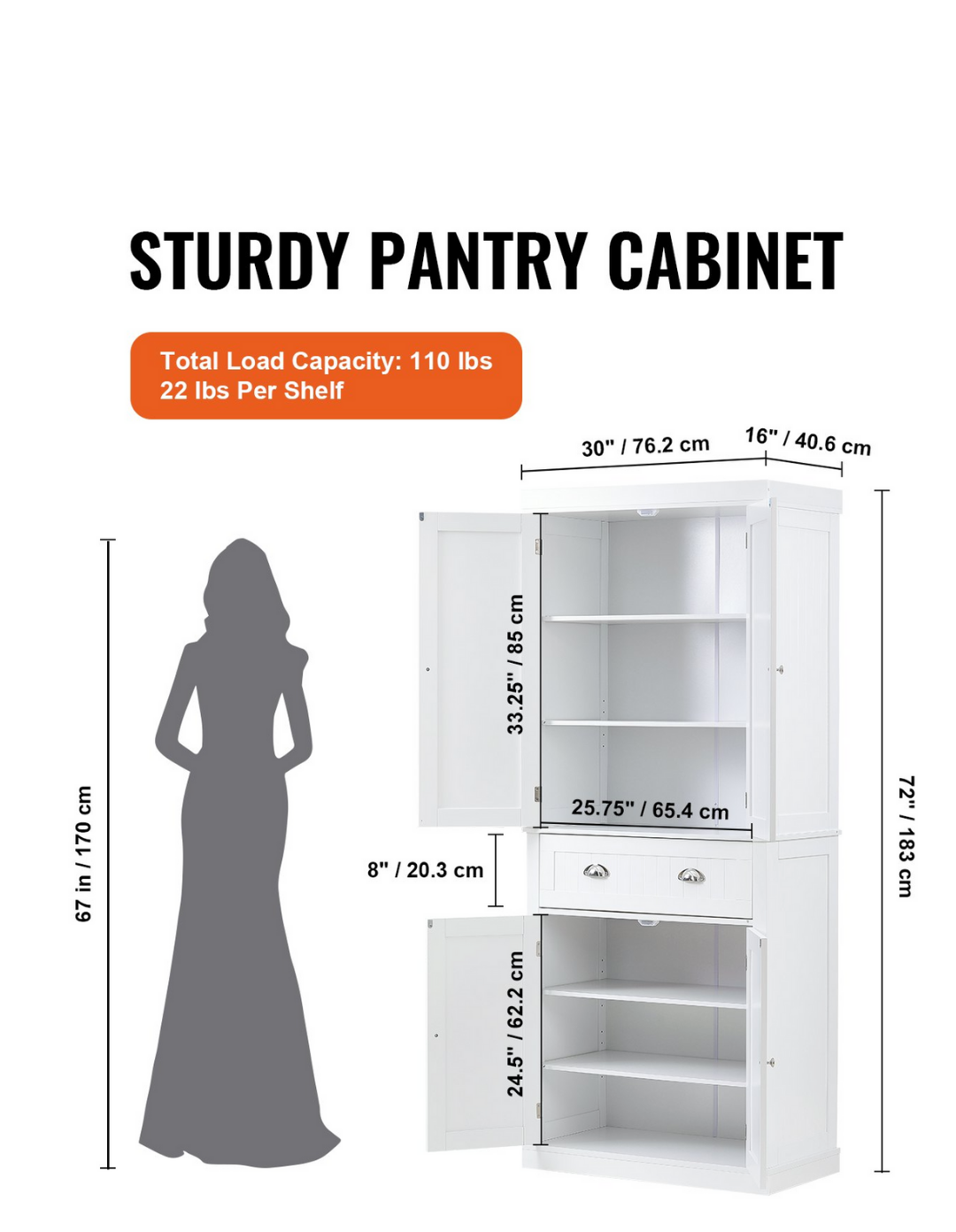 72" Tall Storage Cabinet with Adjustable Shelves | White