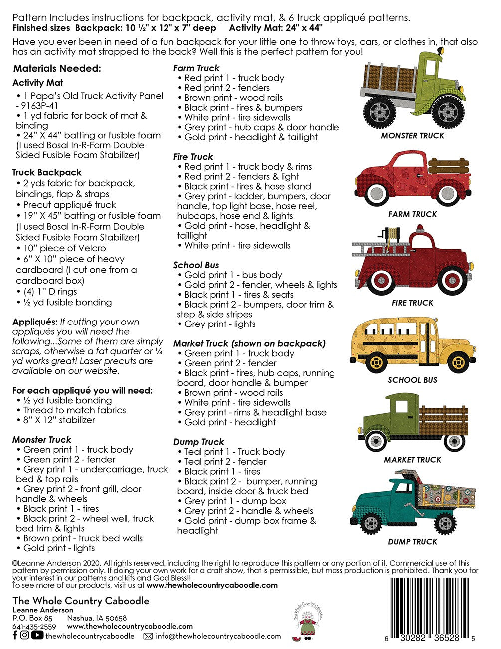 Truck Backpack & Activity Mat Pattern