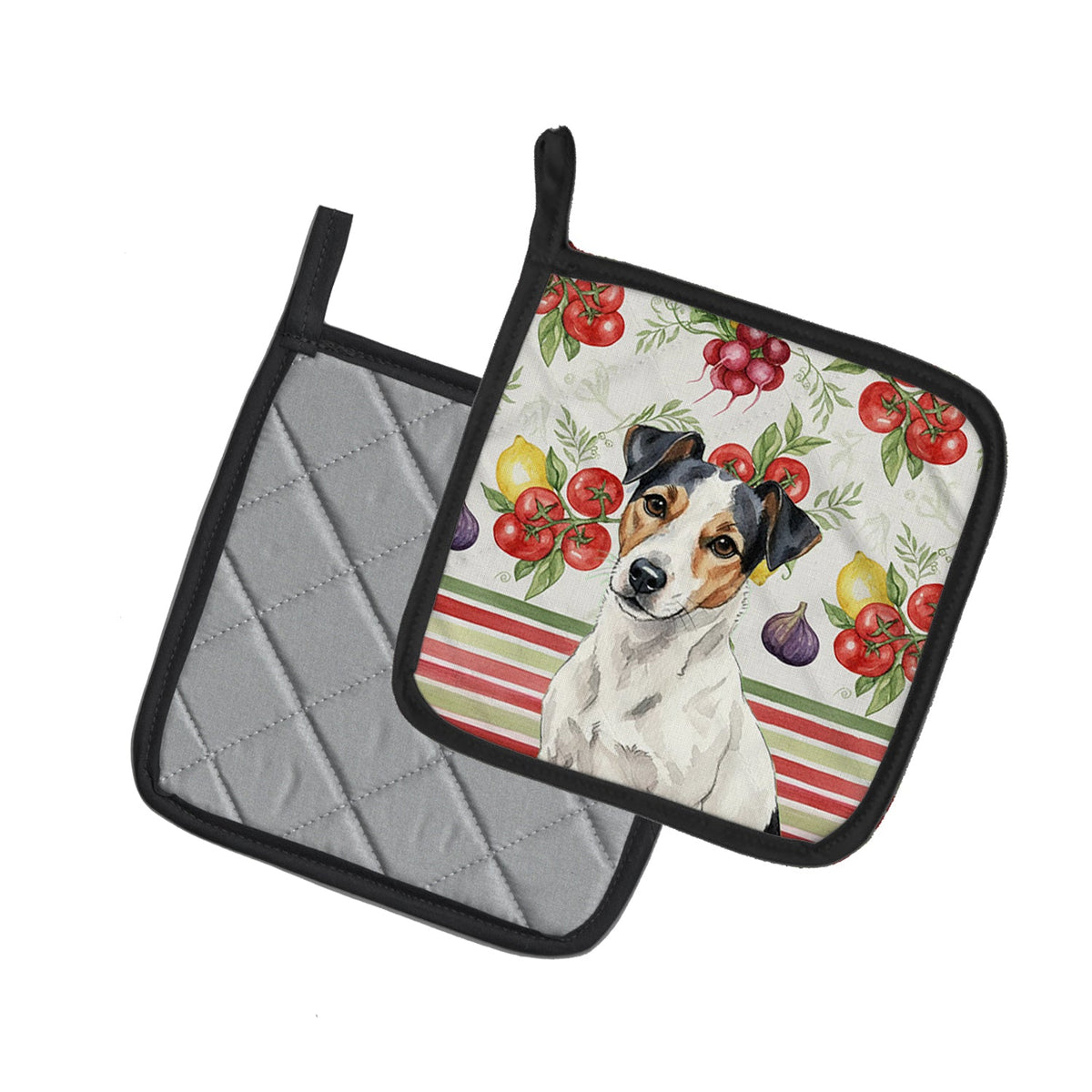 White with Black Markings Russell Terrier Vegetables Pot Holder Set of 2 Heat Resistant Quilted Hot Pads 7.5 x 7.5 Inch, Insulated Kitchen Trivets for Cooking & Baking