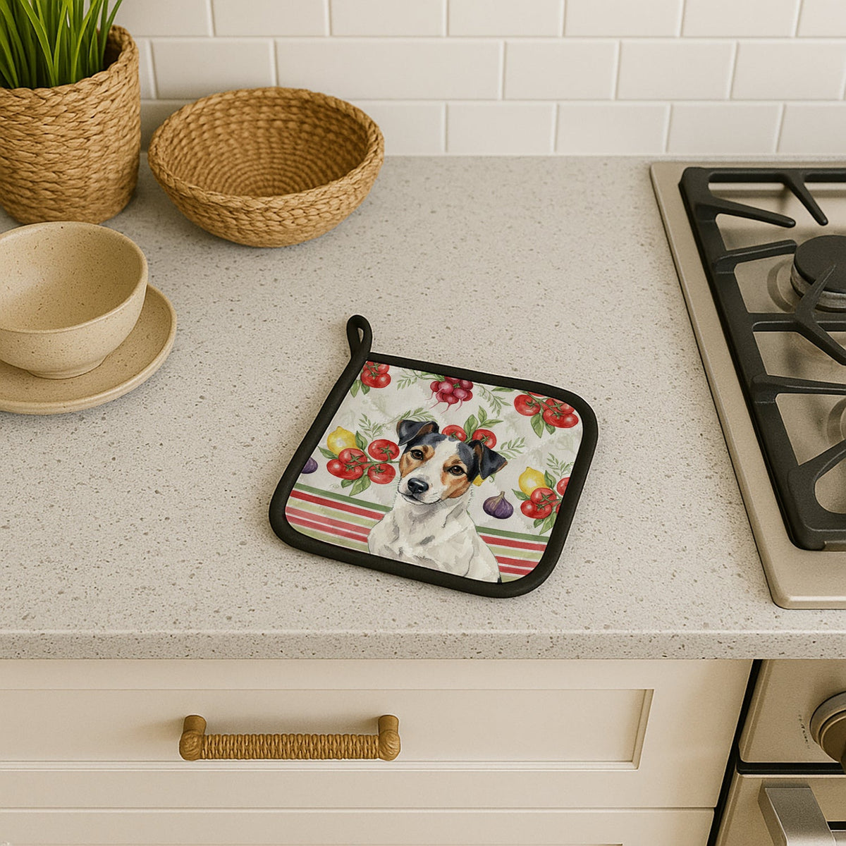 White with Black Markings Russell Terrier Vegetables Pot Holder Set of 2 Heat Resistant Quilted Hot Pads 7.5 x 7.5 Inch, Insulated Kitchen Trivets for Cooking & Baking