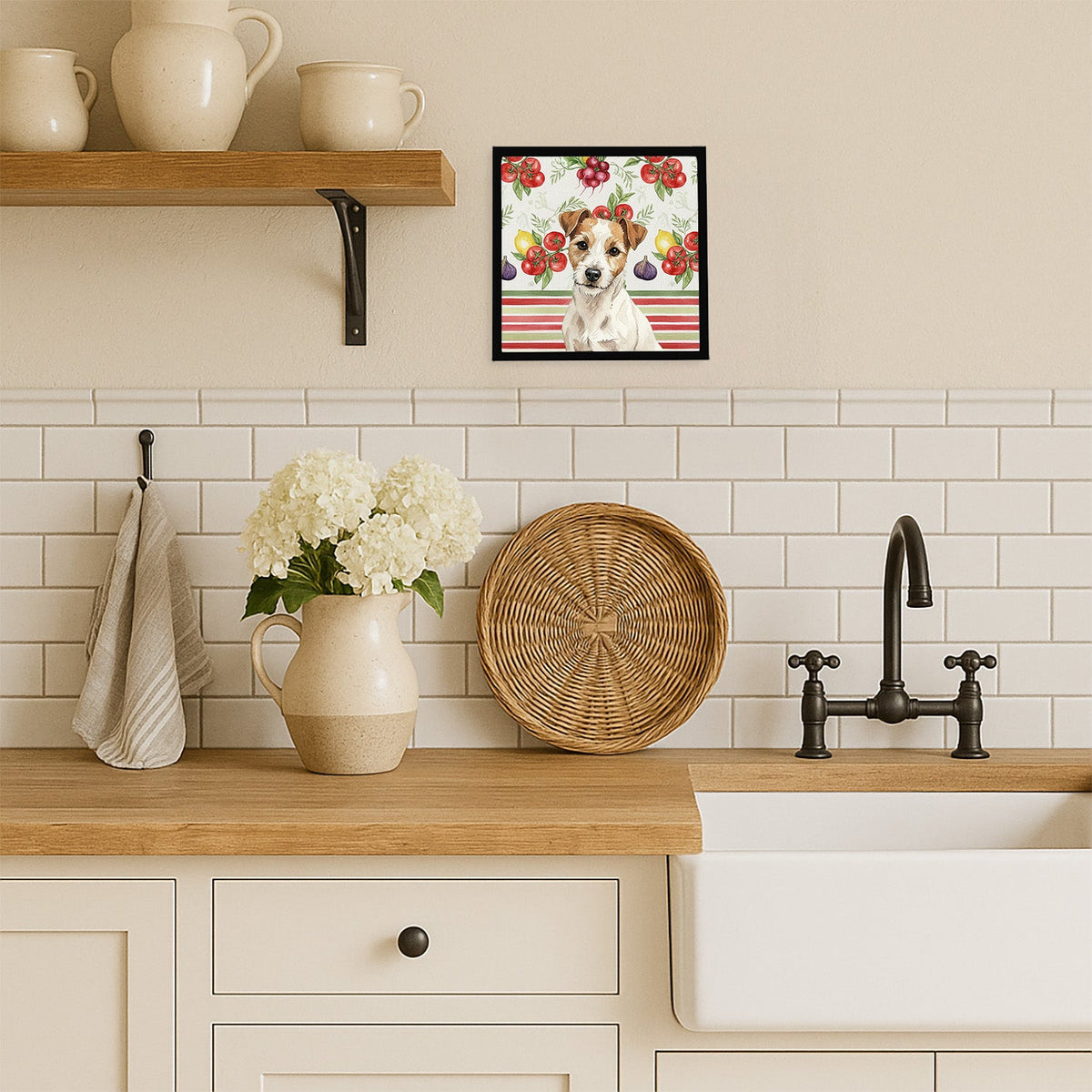 White with Tan Markings Russell Terrier Vegetables Framed Metal Print Bathroom, Kitchen, Office, Home Decor Wall Art Ready to Hang, Square, 8X8